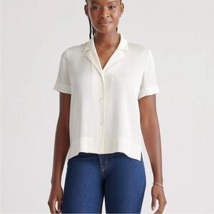 Quince Washable Stretch Silk Notch Collar Blouse Ivory short sleeved, Medium